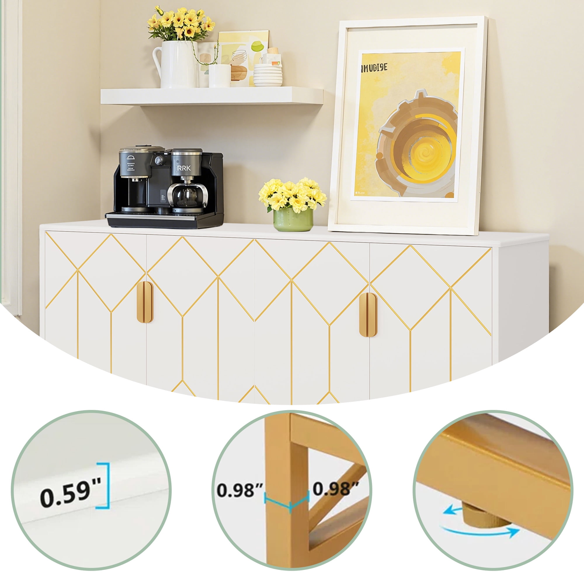 MAYEERTY Luxurious White & Gold Buffet Cabinet Modern Contemporary Stylish Design