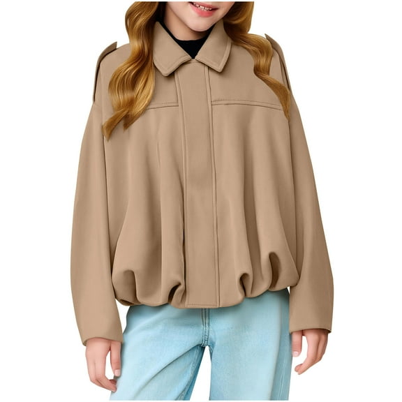 NAISIBABY Girls Suede Jacket, Lapel Elastic Pleated Hem Loose Fashion Coat Zip Up Fall Winter Windbreaker Outerwear Khaki 12T