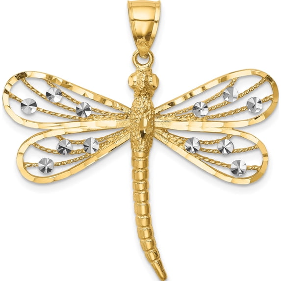 14K Yellow & Rhodium Diamond-Cut White Dragonfly Pendant Made In United States c4792
