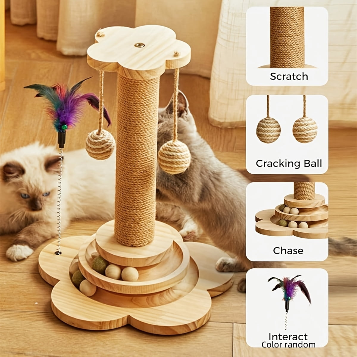 4-in-1 Indoor Cat Activity Center, Wooden Scratching Post 15.7" with Horizontal Ball Tracks, Feather Toy & Sisal Suspension Balls – Kitten & Adult Cat Toy