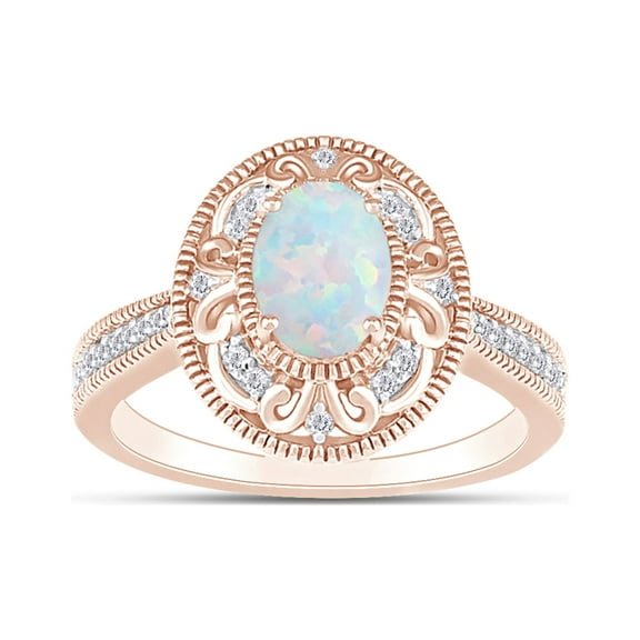 Oval Cut Lab Created Opal And 0.12 Cttw White Natural Diamond Filigree Frame Vintage Style Engagement Ring In 10k Solid Rose Gold Ring Size-10