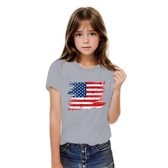 BRGZLK Boys Girls American Flag Cotton T-Shirts Kids Fashion Independence Day Prin Shirts Summer Casual Round Neck Short Sleeve Tops Gray 5-6 Years