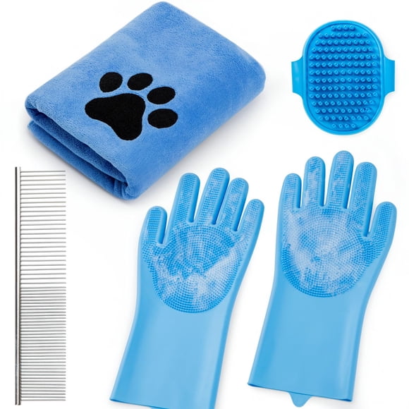 Kit de ducha para mascotas ElighMoo Blue, juego de cepillos de champú con toalla
