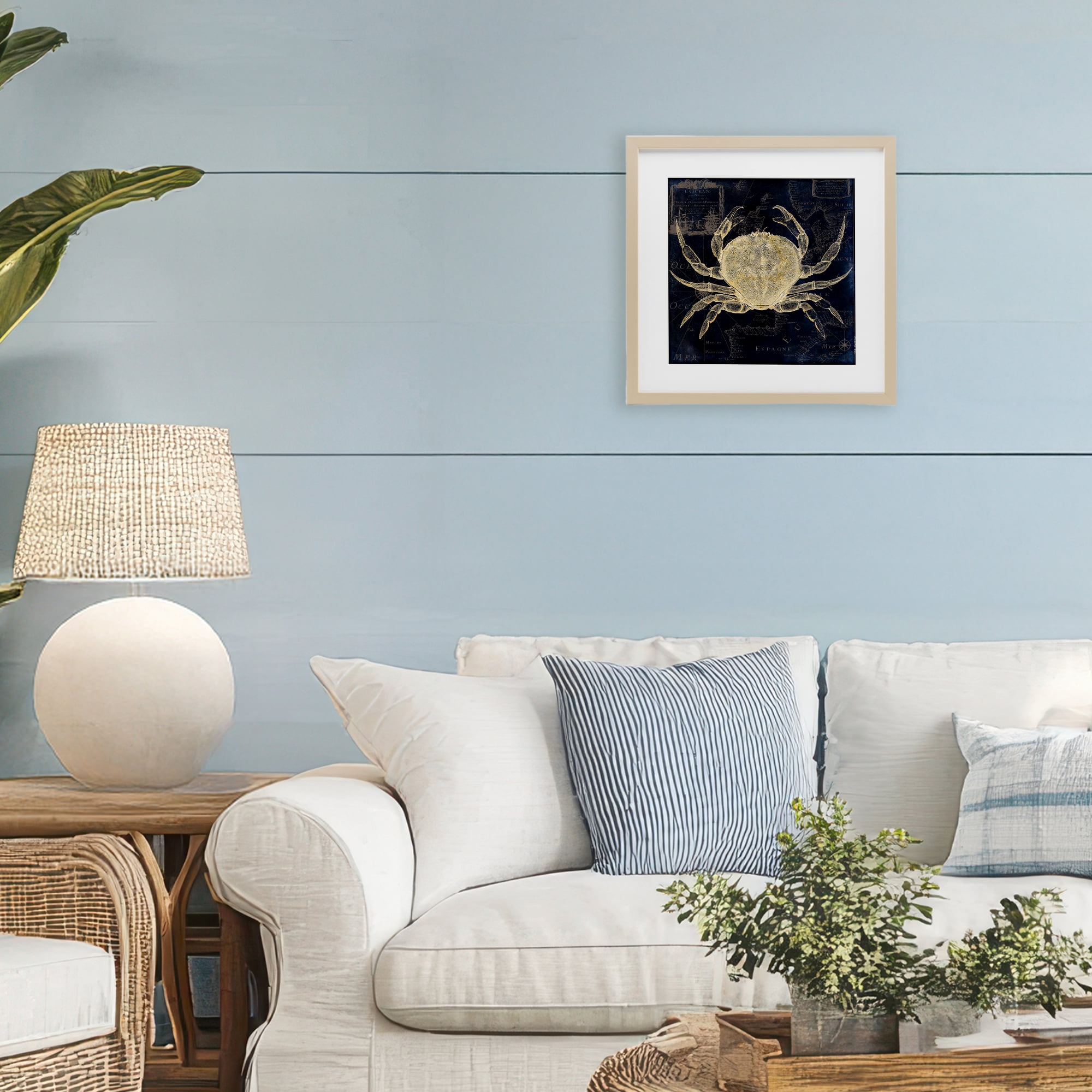 Crab Contour over Map Birch Framed Print Under Glass, design by Sasha