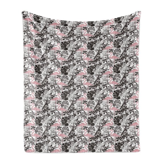 Flamingo Soft Flannel Fleece Throw Blanket, Drawing Style Island Foliage Nature Orchid Flowers and Palm Leaves, Cozy Plush for Indoor and Outdoor Use, 50" x 60", Coral Black Grey, by Ambesonne