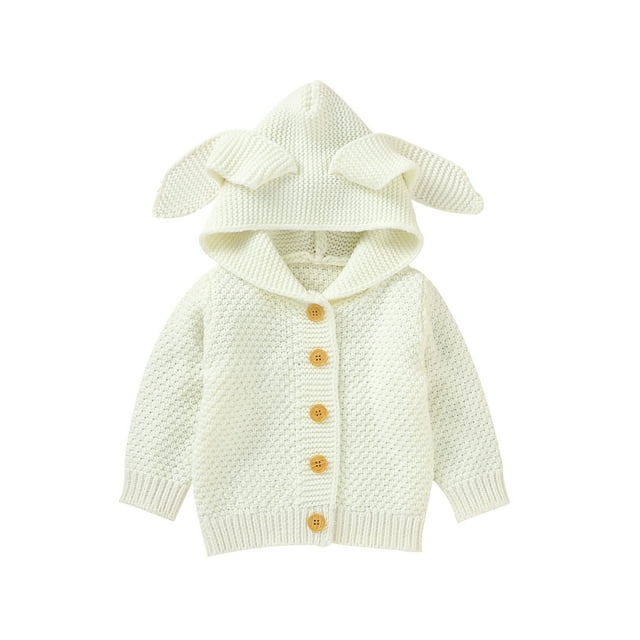 Toddler Baby Girls Long Sleeve Knitted Cardigan Button Down Solid Color Rabbit Ear Hooded Coat Tops