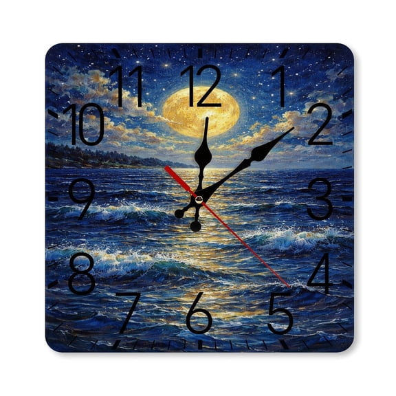 RKSupls 10×10inch Square Silent Wall Clock Wooden Frame, Golden Moon Over Ocean.png Scale Decorative Clock for Home Bedroom Living Room Office