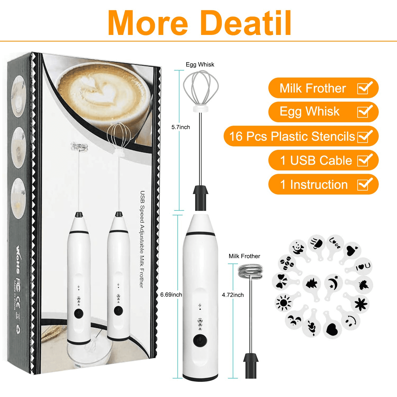 LNGOOR Electric Milk Frother HandHeld 3 Speed Rechargeable Drink Mixer Foam  Maker with 3 Portable Whisks for Coffee, Cappuccino, Matcha, Egg Whisk 