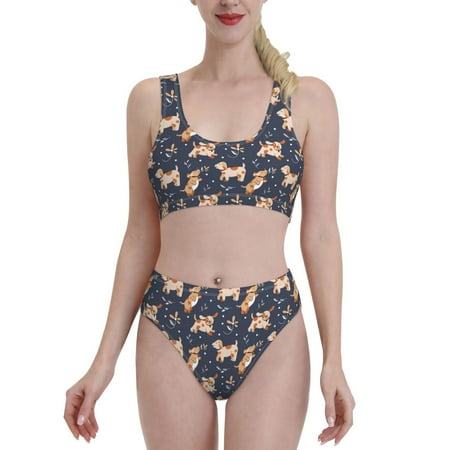 Bikini Sets For Women  Cute Dog Puppy Flower High Waisted Bikini Sets Bathing Suit 2-Piece Drawstring Swimsuit