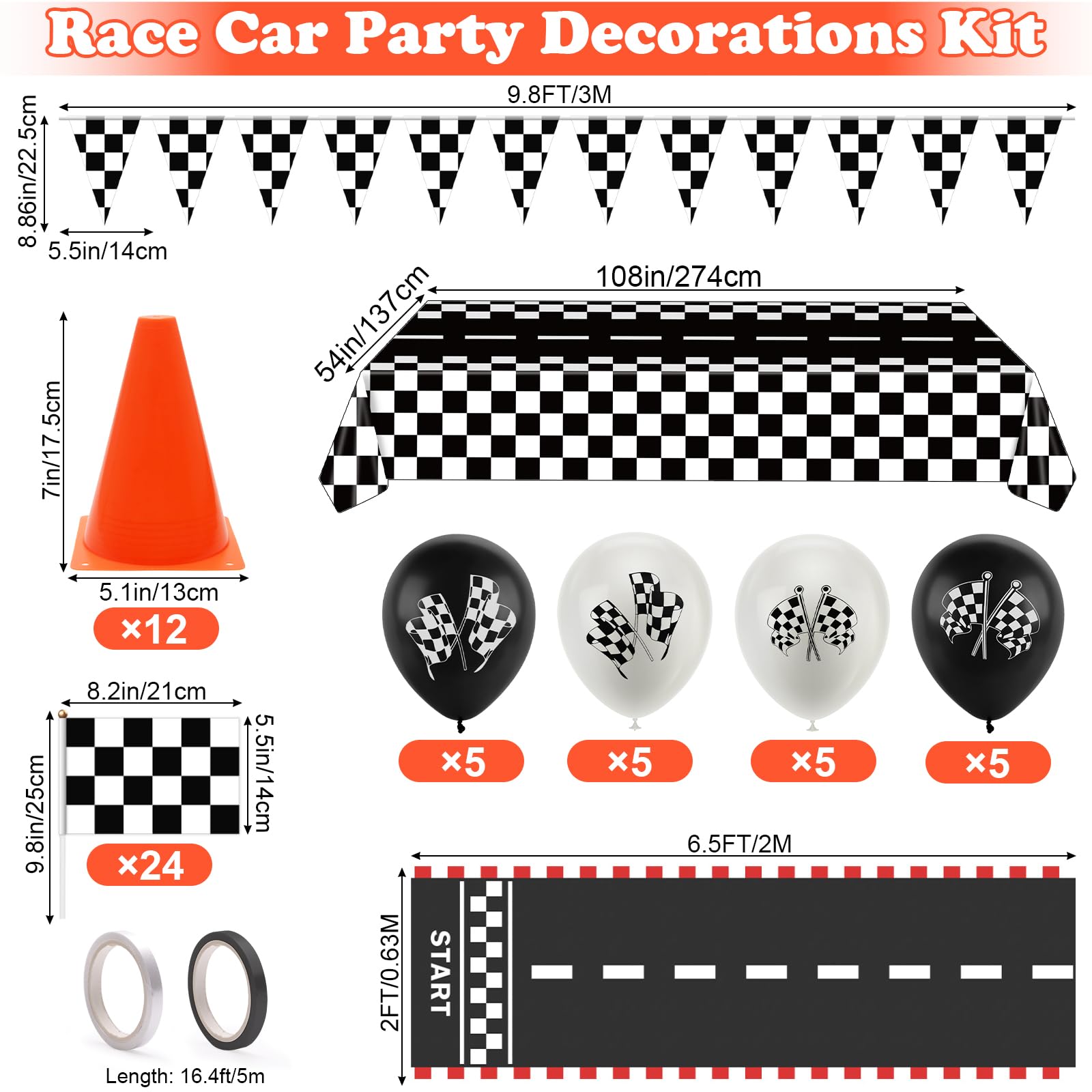 Race Car Party Decorations, Plutput 61 Pcs Set-12 Traffic Cones and 24 Racing Checkered Flags, 6.5Ft Racetrack Floor Runner and 9.8ft Checkered Race Track Banner, Tablecloth, Balloons and Ribbons