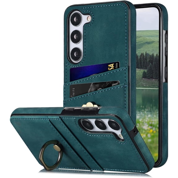 S23 Plus Case, for Samsung Galaxy S23 Plus Case Card Holder Wallet,Ring Holder Stand,Slim Leather Phone Case for Men Women,Shockproof Protective Thin Cover S23 Plus 2023 (Green)