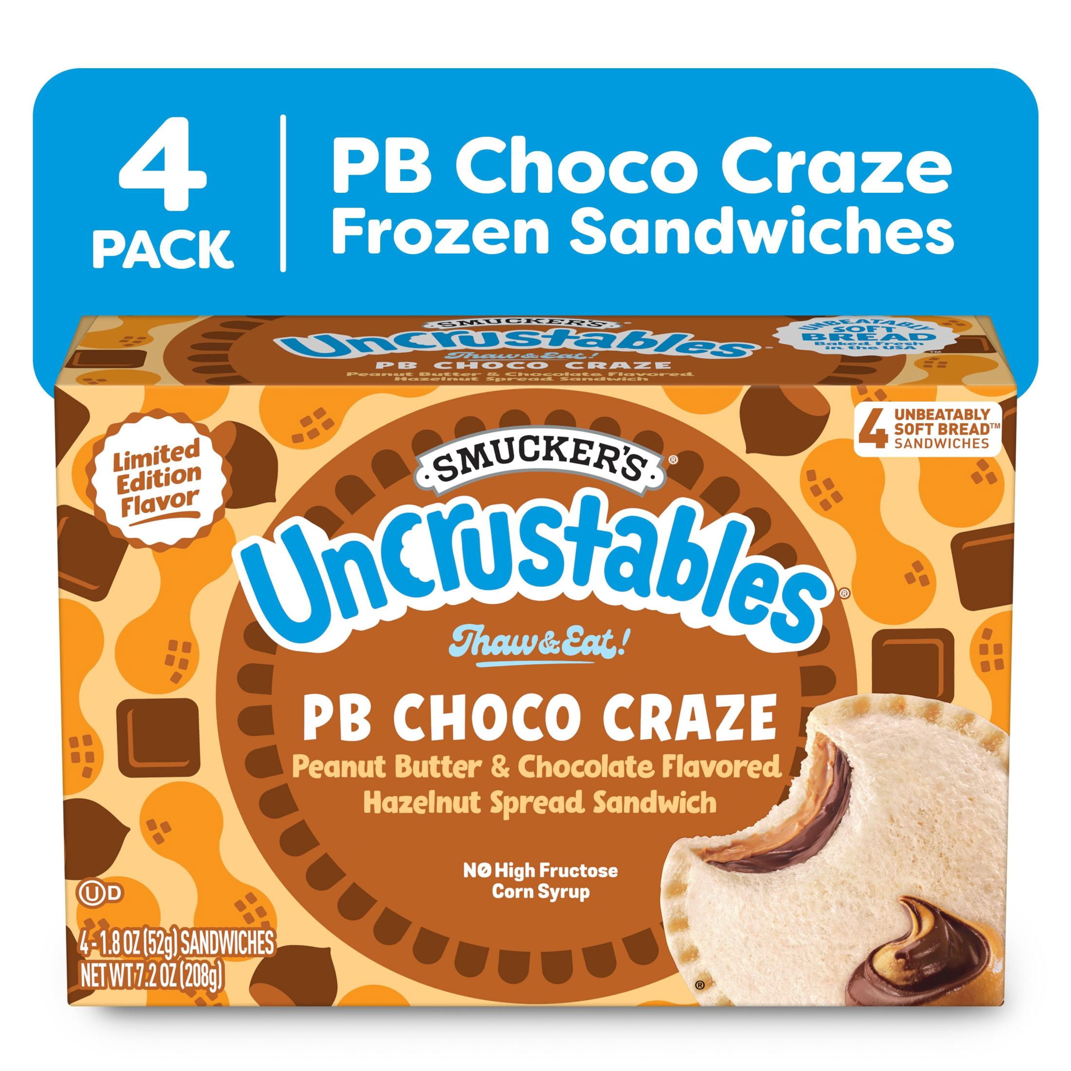 Smucker’s Uncrustables Peanut Butter and Chocolate Flavored Hazelnut Spread Sandwiches, 4 Count, 1.8 oz Each, Frozen, Limited Time Only