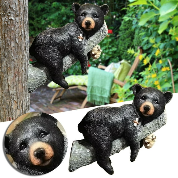Funny Black Bear Cub Tree Decor, Outdoor Garden Sculpture, Realistic Animal Figurine for Yard, Patio, Home Decor Gift