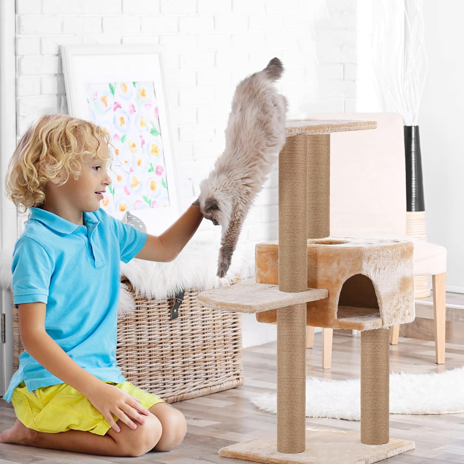 4 PCS M8 Cat Scratching Post Replacement,  15.7 x 3.1 Inches Cat Tree Replacement Post-Natural Jute Pole for Indoor Cats with M8 Screws, for Kitten Tree Tower Spare Cat Furniture Accessories