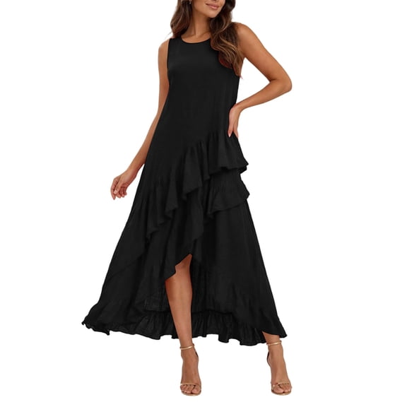 BRGZLK High Low Maxi Dress for Women Sleeveless Ruffle Asymmetrical Hem Cocktail Dresses Semi Formal Evening Dress Trendy Lightweight Vacation Long Dress Black