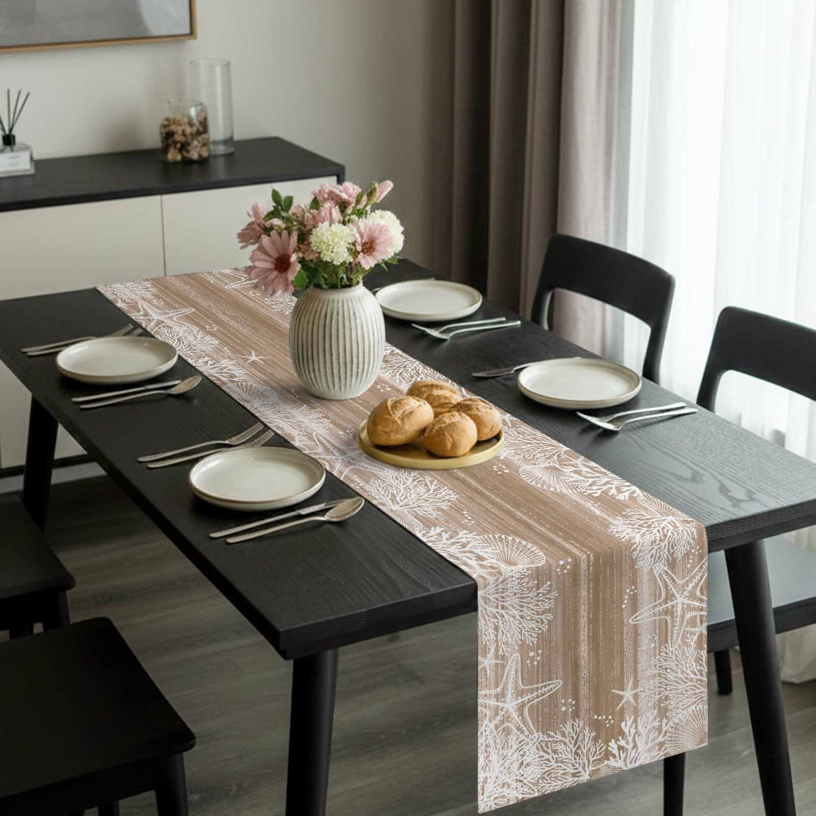 Sea Stars Table Runner, Summer Beach Sea Star Coral Brown Texture Washable Cotton-linen Table Runners Dining Kitchen Decoration for Everyday Home Wedding Party Decor, 13 x 120 Inch