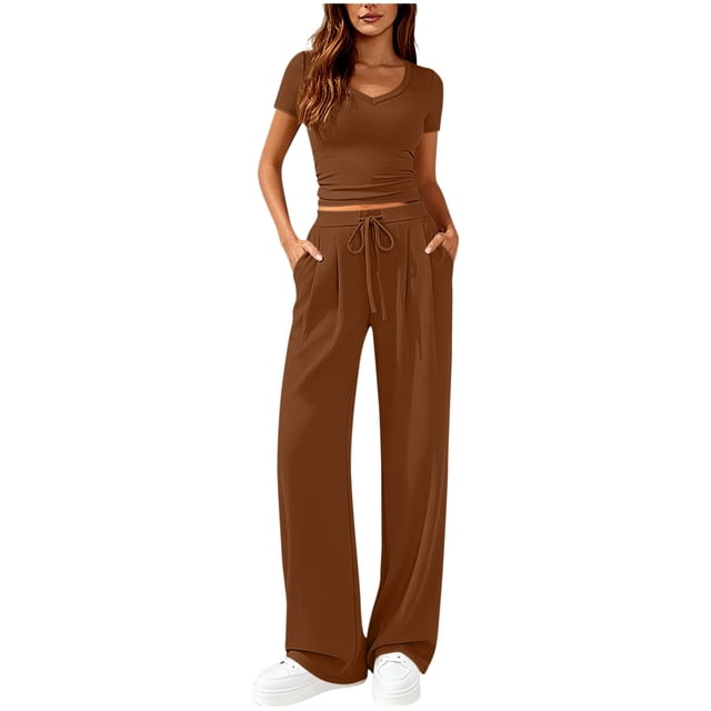 lcziwo Womens Ribbed Knit Lounge Set Short Sleeve V Neck Crop Tops and Wide Leg Drawstring Pants Two Piece Soft Lightweight Matching Outfits Sets,Brown,XL