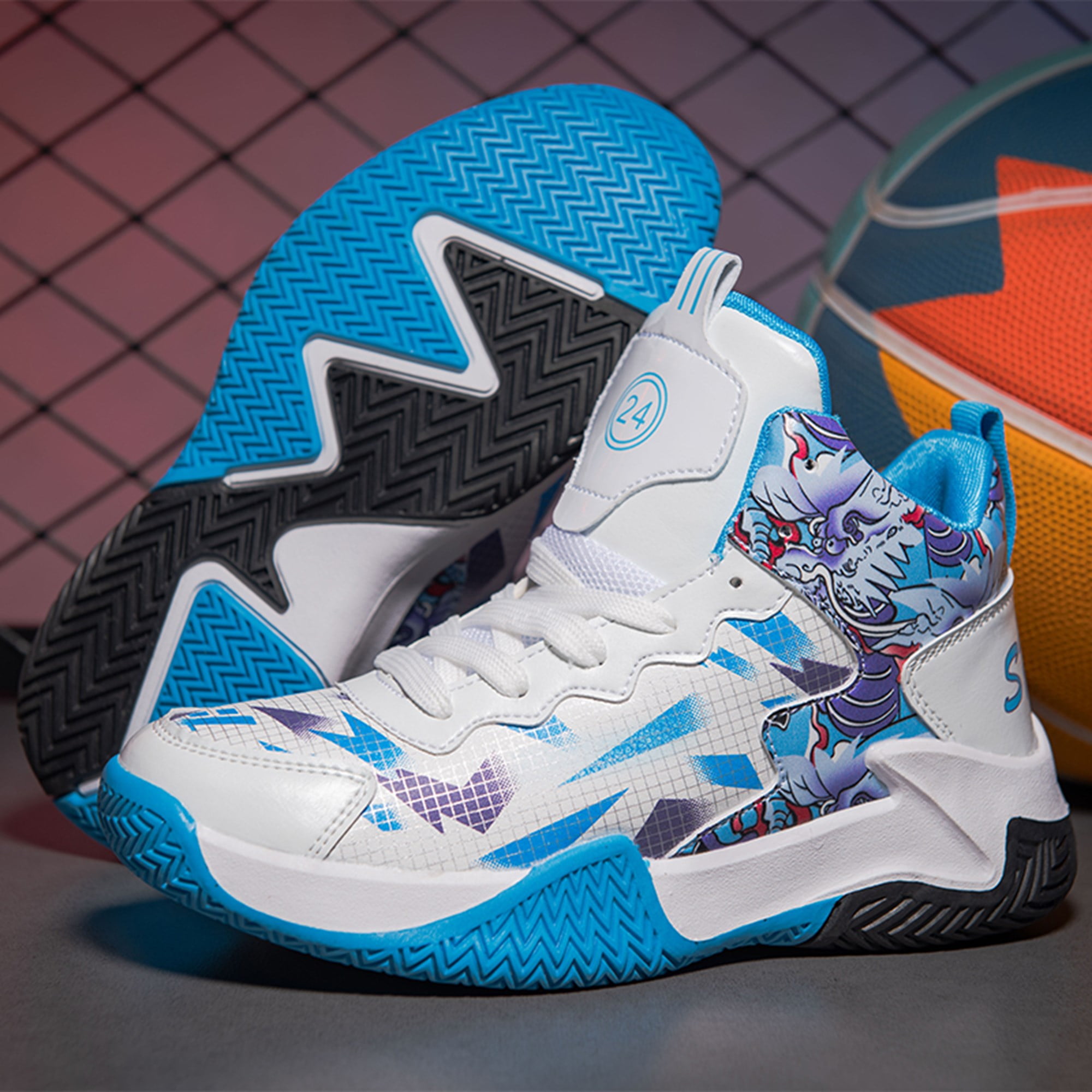 blue and white youth basketball shoes