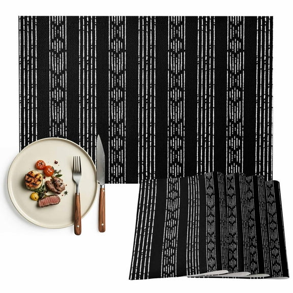 Placemats Set of 6, Black Boho Place Mats Bohemian Style Stripes Tablemats Washable Placemat Table Decoration for Kitchen Table Dinner Party Home Decor Indoor Outdoor 13x19 Inch