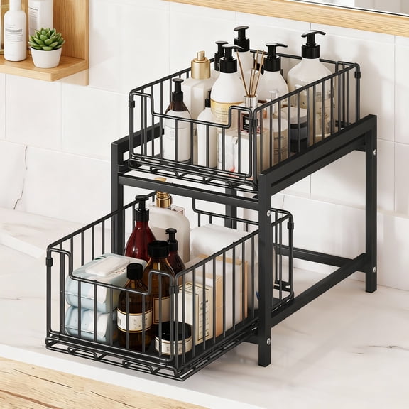 2 Tier Under Sink Organizer Rack, Pull Out Cabinet Organizer, Slide Out Sink Shelf for Kitchen & Bathroom, Black