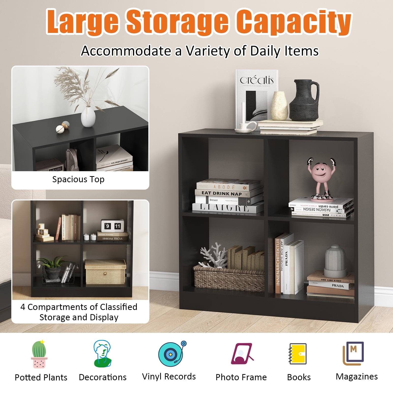 Giantex 4-Cube Bookcase, Freestanding Open Bookshelf, Storage Wooden Display Shelf, Black