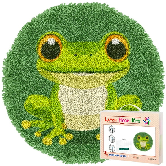 Latch Hook Rug Kit Cartoon Cute Green Frog Stamped Handmade Round Shape Carpet Crochet Yarn Craft DIY Hook and Latch Door Mat Tapestry for Home Floor Decor 50x50cm(2)