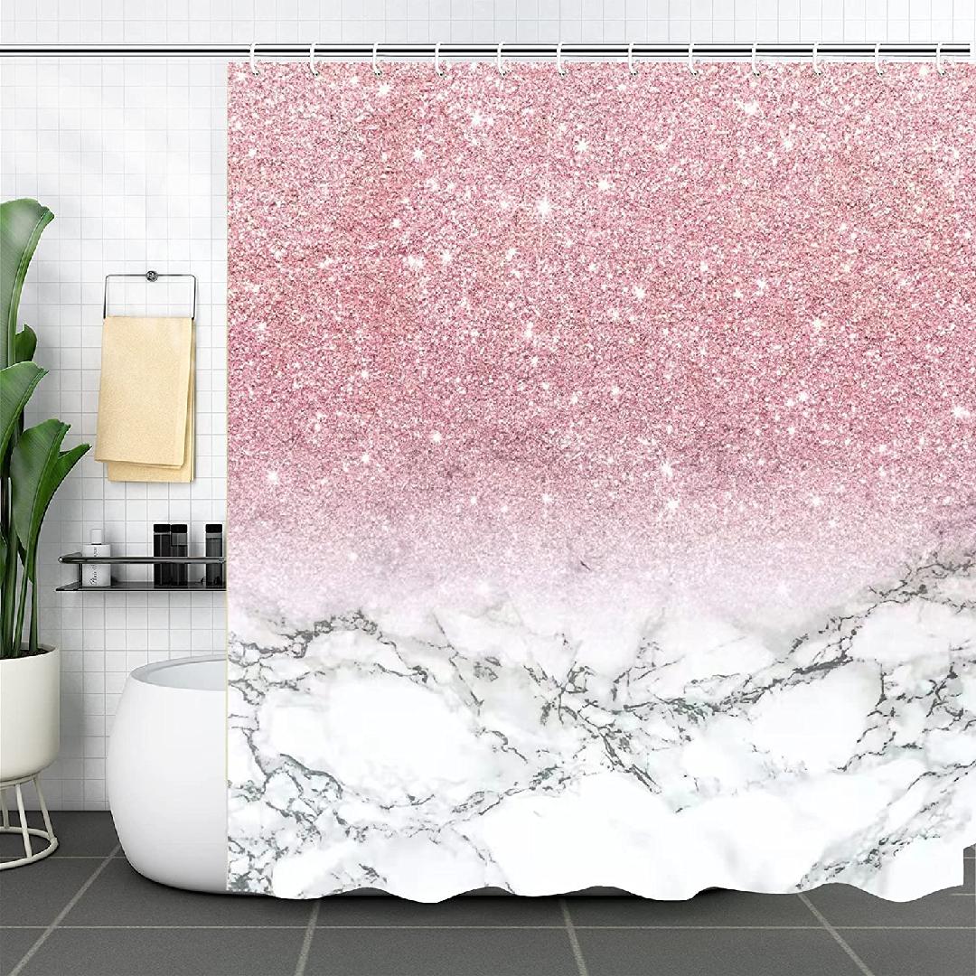 4 Pcs Pink Bathroom Shower Curtain Set with Waterproof Shower Curtain