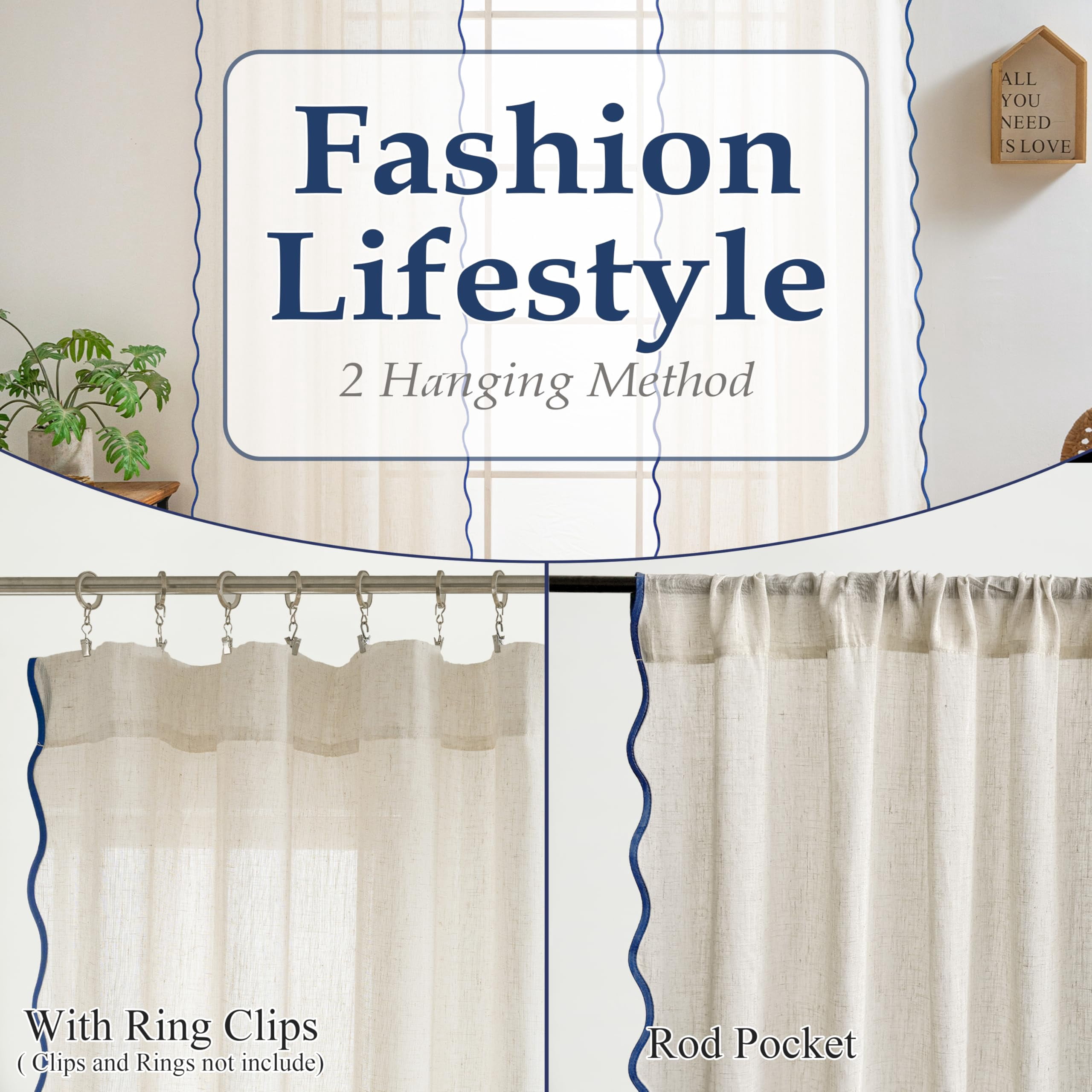 DriftAway Semi Sheer Scalloped Edge Linen Coastal Beach Window Curtains for Living Room Bedroom 2 Panels Rod Pocket Each Size 52 Inch by 96 Inch Navy