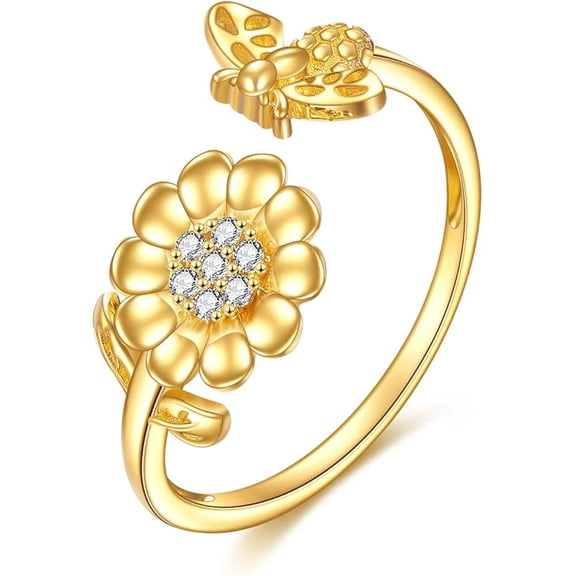 KECHO 14k Real Gold Sunflower Ring Adjustable Open Solid Yellow Gold Ring Jewelry Gifts for Women
