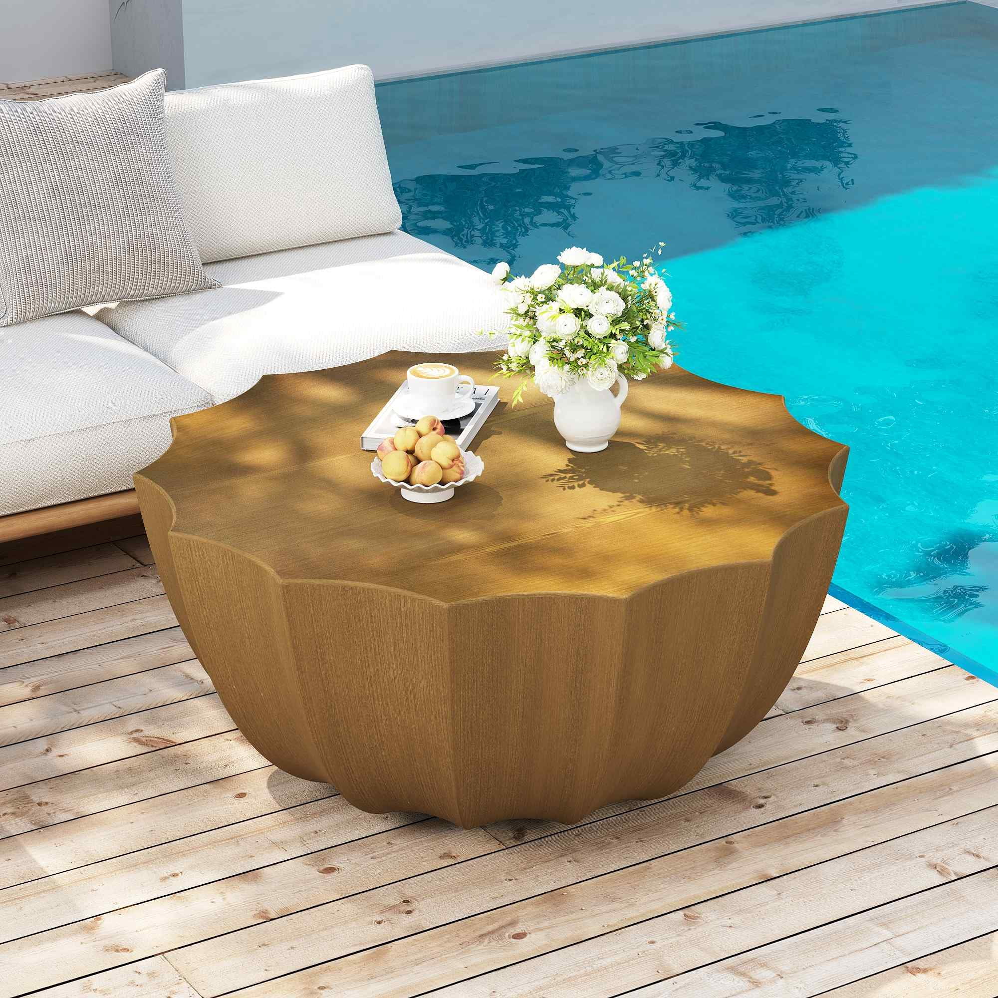 Lunale 35.43" Coffee Table for Indoor & Outdoor, Waterproof Durable MgO Cement Design, Wood Grain