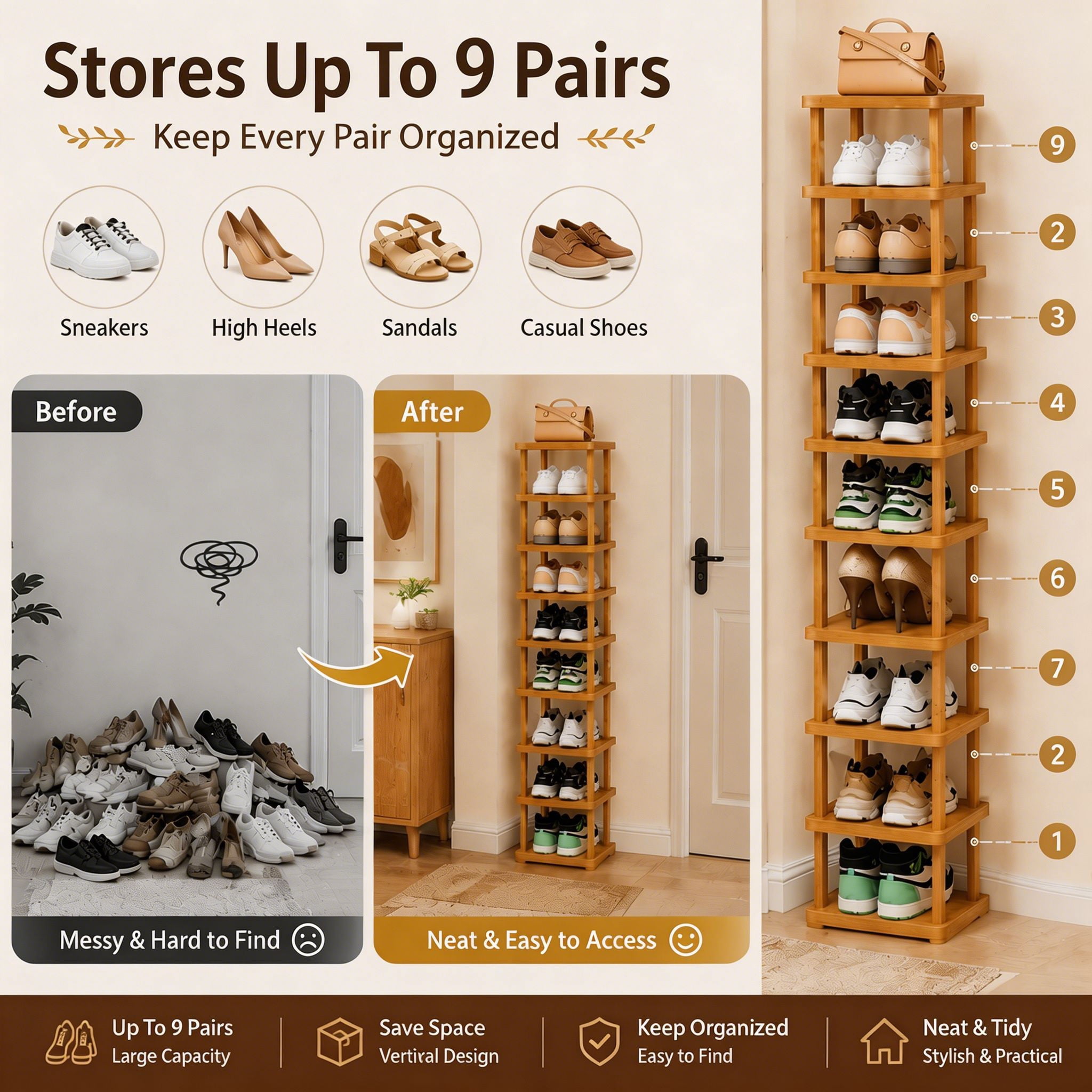 9 Tier Bamboo Shoe Rack, Tall Vertical Shoe Storage Organizer for Entryway, Closet and Apartment, Holds Up to 9 Pairs