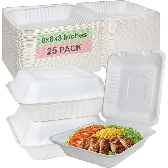 Compostable Square Hinged Clamshell Take Out Food Containers 8x8 - Heavy Duty Quality Disposable to go Containers, Single Compartment Eco-Friendly , Bagasse Fiber Containers with Lids (25)