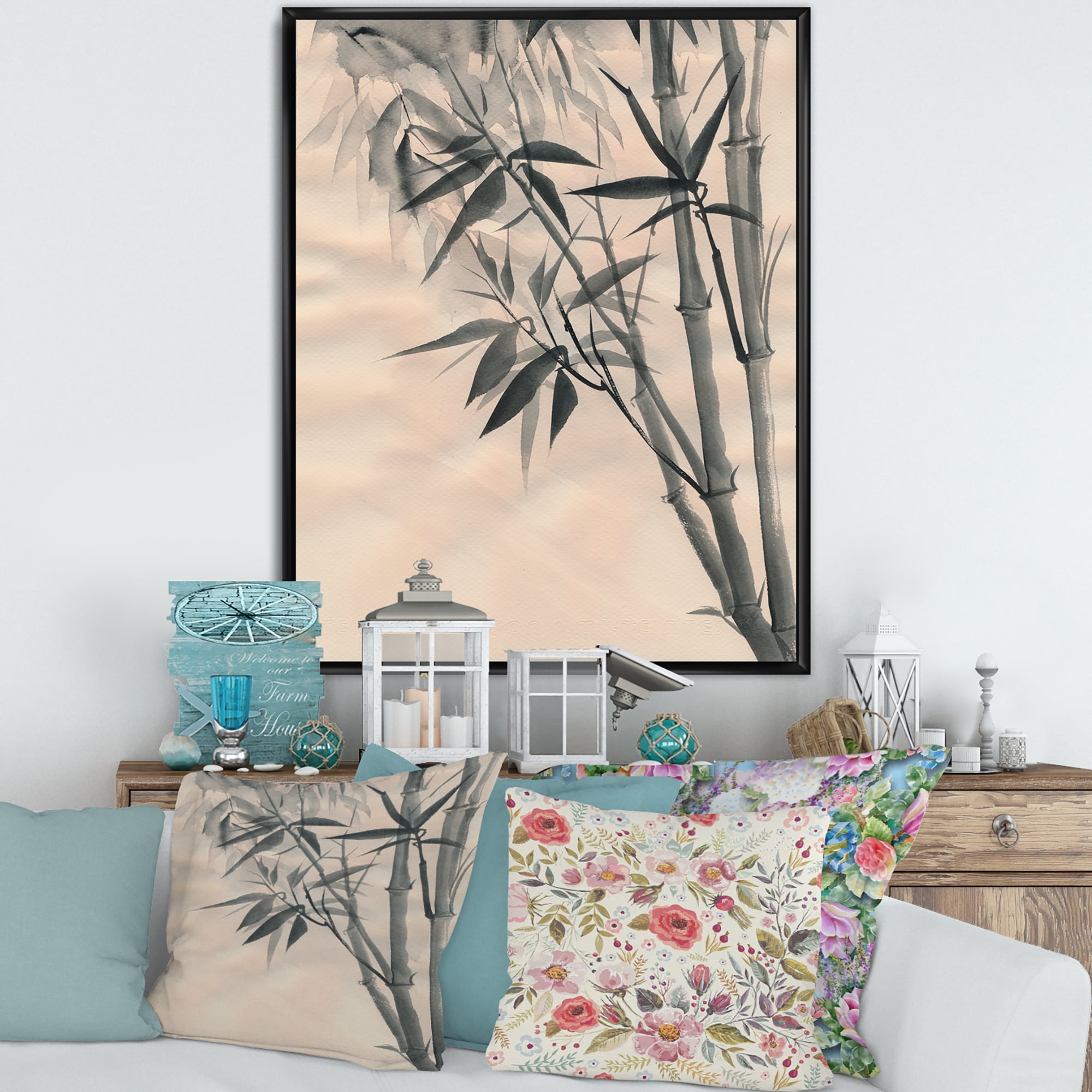 Vintage Black and White Bamboo I 24 in x 32 in Framed Painting Canvas Art Print, by Designart
