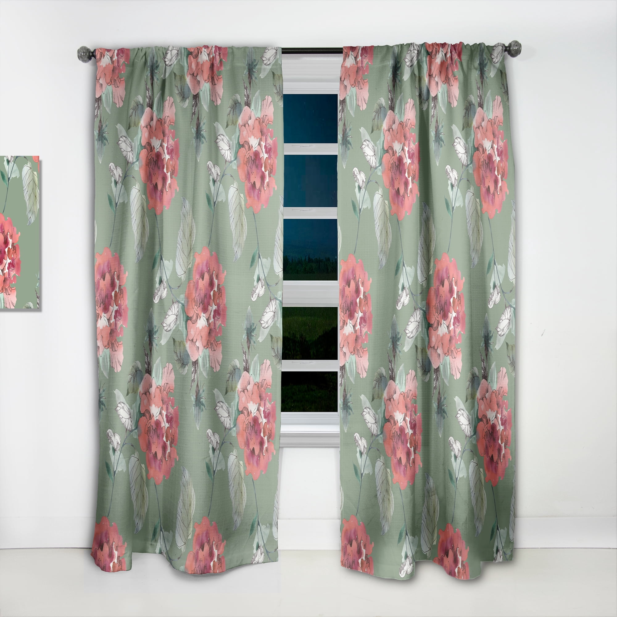 Designart 'Flowers With Green Leaves II' Floral Curtain Panel