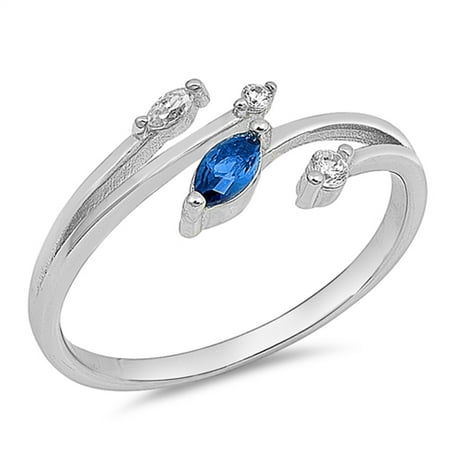 Sapphire Bag - Marquise Blue Simulated Sapphire Open Bar Ring ( Sizes 4 5 6 7 8 9 10 ) New .925 Sterling Silver Band Rings by Sac Silver (Size 9)