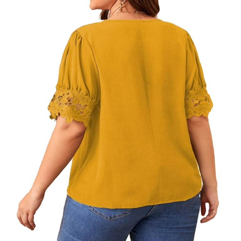 JWD Plus Size Tops For Women Lace Sleeve Blouse Waffle Knit Long Sleeve  Shirts Rust Red-3X