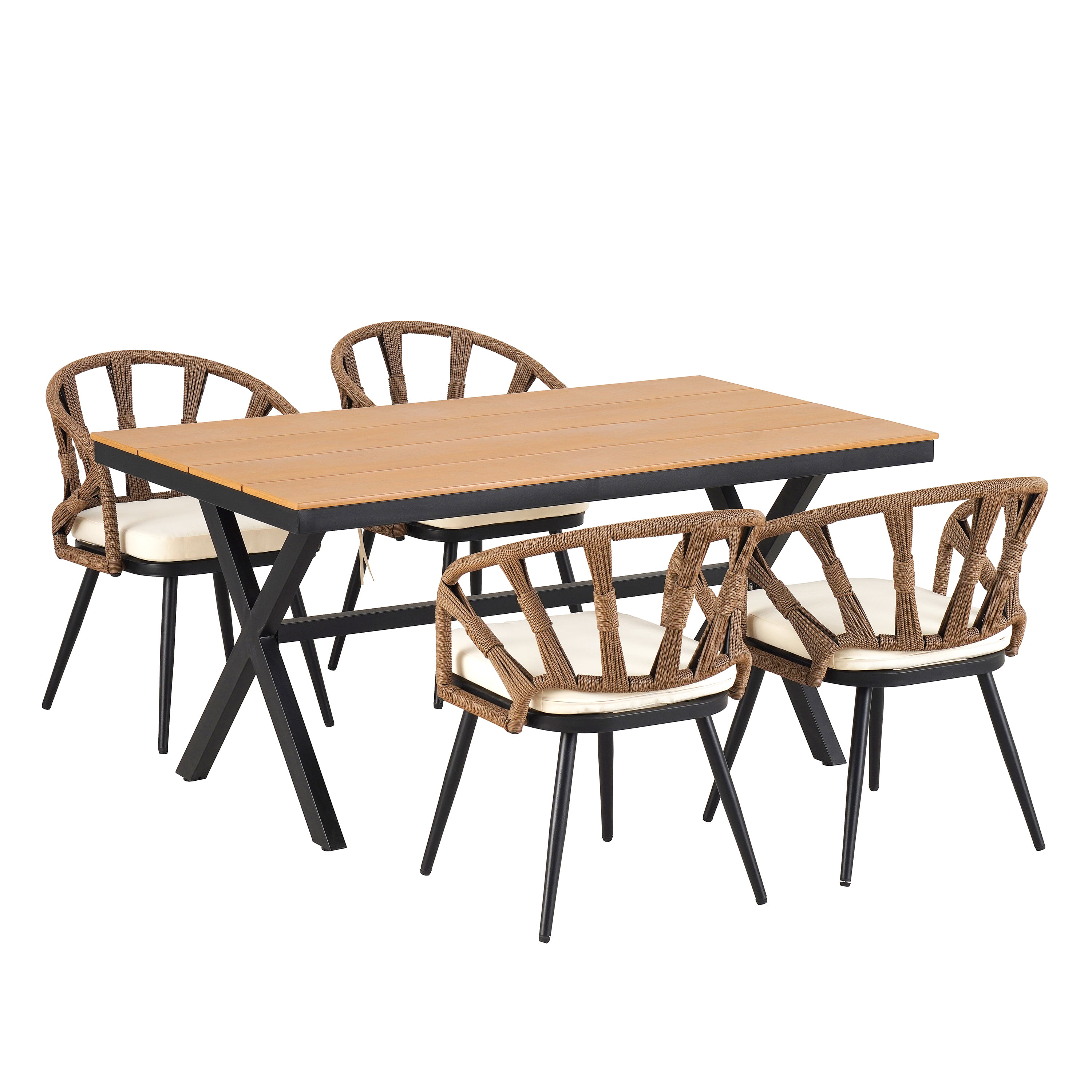 Harper & Bright Designs Outdoor Patio Dining Table Set with Plastic Wood Table, All-Weather Outdoor Furniture Dining Set with PE Rattan Chairs for 4, Brown