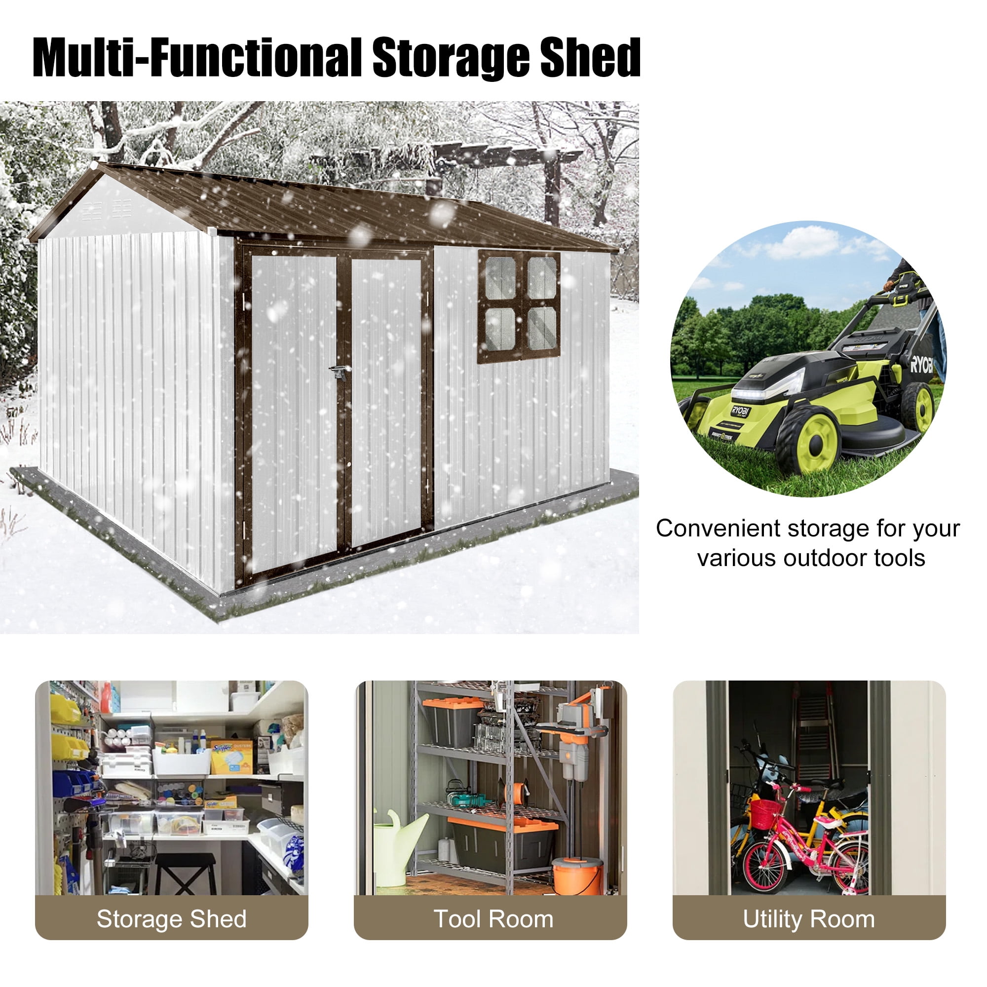 Aukfa 10FT x 8FT Outdoor Storage Shed, Metal Shed Storage with Window, Roof Slope Tool Shed with Door and Padlock for Backyards, Patio Lawns and Outdoor, White