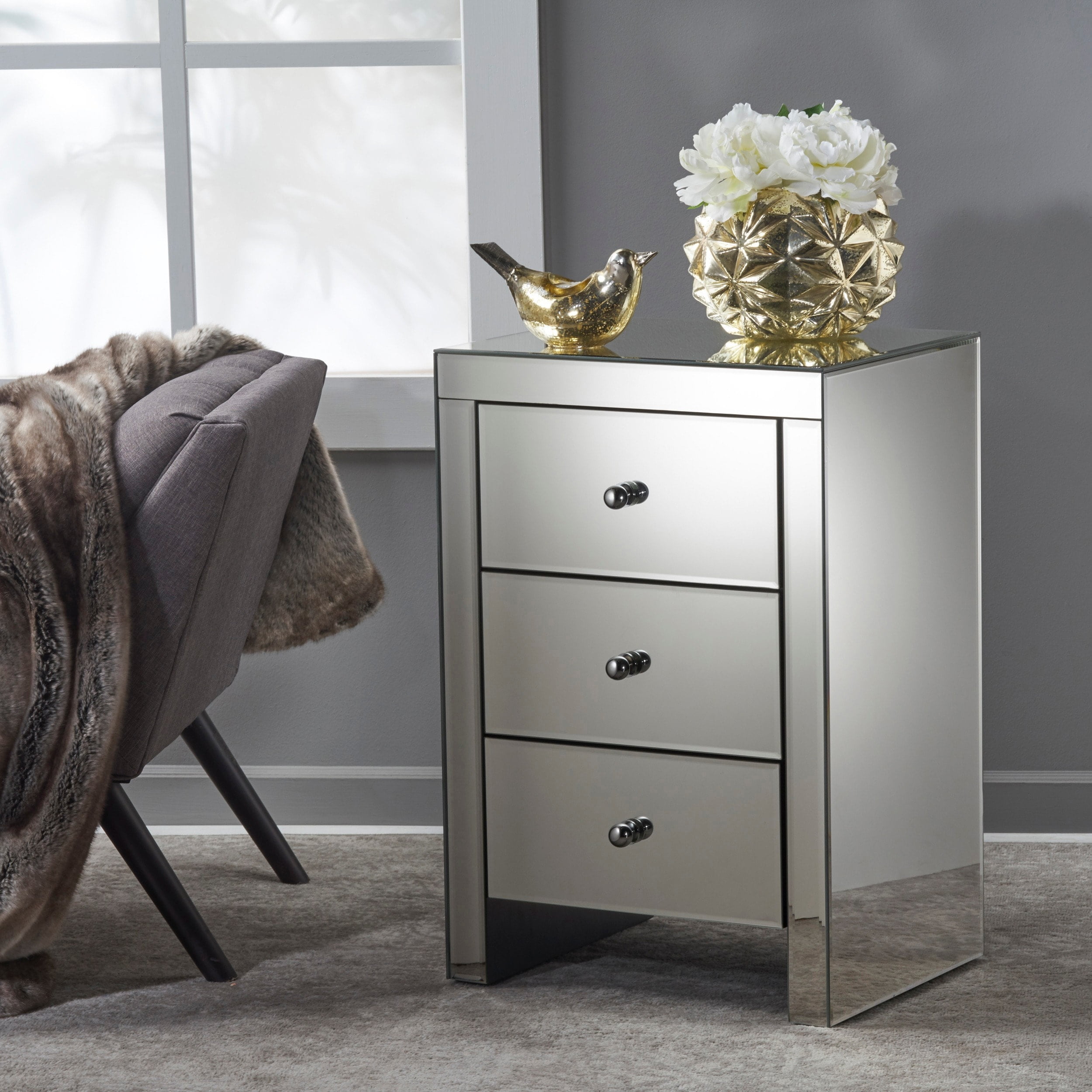 Christopher Knight Home Fianna Mirrored 3 Drawer Table Cabinet By Silver Walmart Com Walmart Com