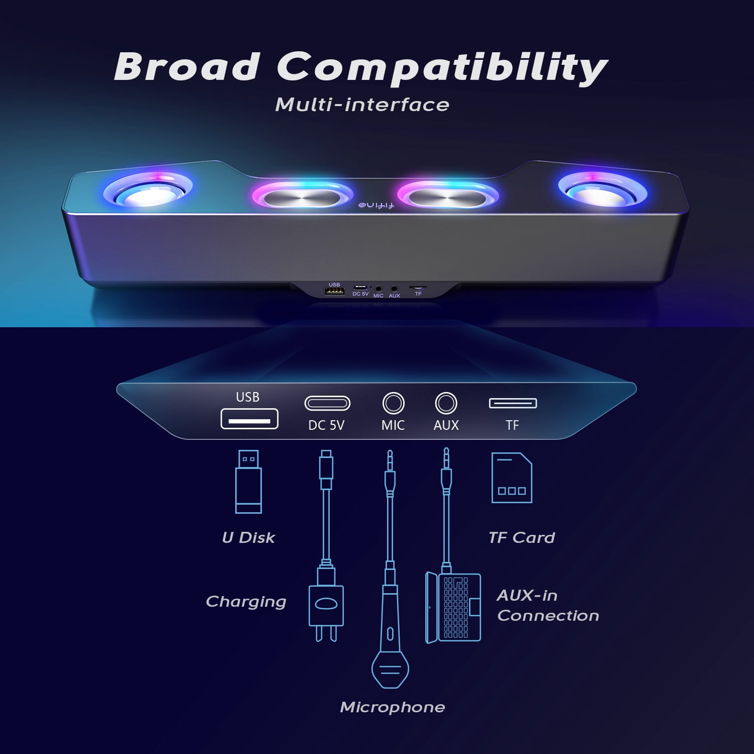 FIFINE Wireless Bluetooth Speakers for PC Computer, iPhone, RGB Gaming Soundbar with RGB, Volume Control, 3.5mm Mic Jack for Singing, Party