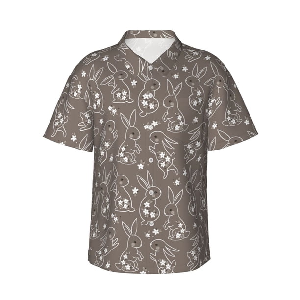 Balery Retro Bunny Camisas hawaianas de manga corta para hombre, camisas playeras de corte holgado, camisas de vacaciones con botones,Large