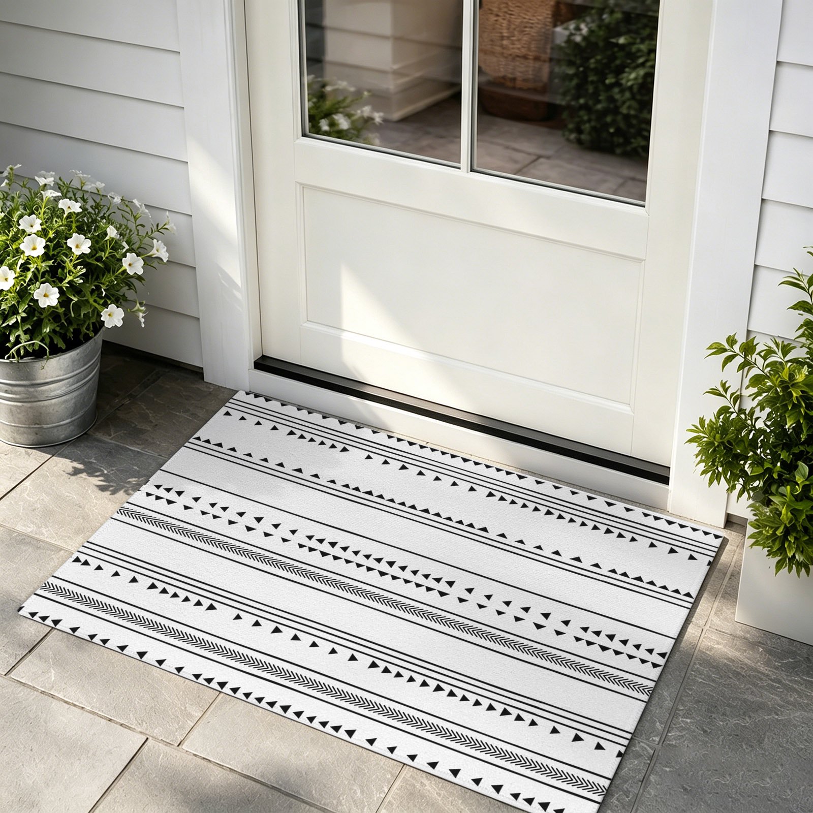 Front Door Mat Indoor Outdoor Entrance Boho Black White Modern Stripes Low Profile Doormats Non-Slip Backing Farmhouse Abstract Art Absorbent Welcome Mat for Entryway Hallway 16 x24
