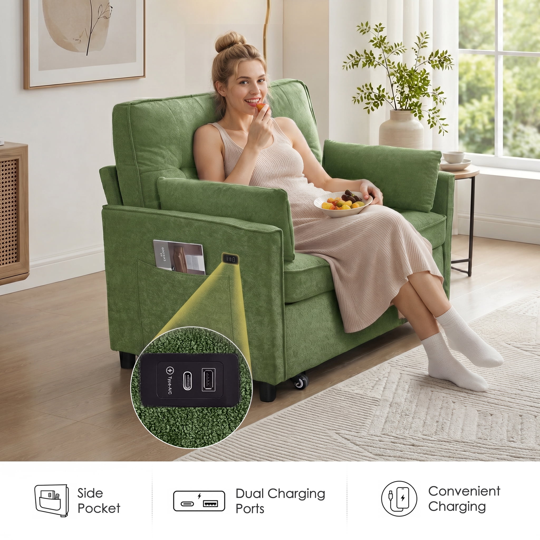 avobird 54'' 3 in 1 Pull Out Sofa Bed, Convertible Couch with Adjustable Backrest/Side Pockets/USB Charging Ports, Sleeper Sofa for Living Room, Green