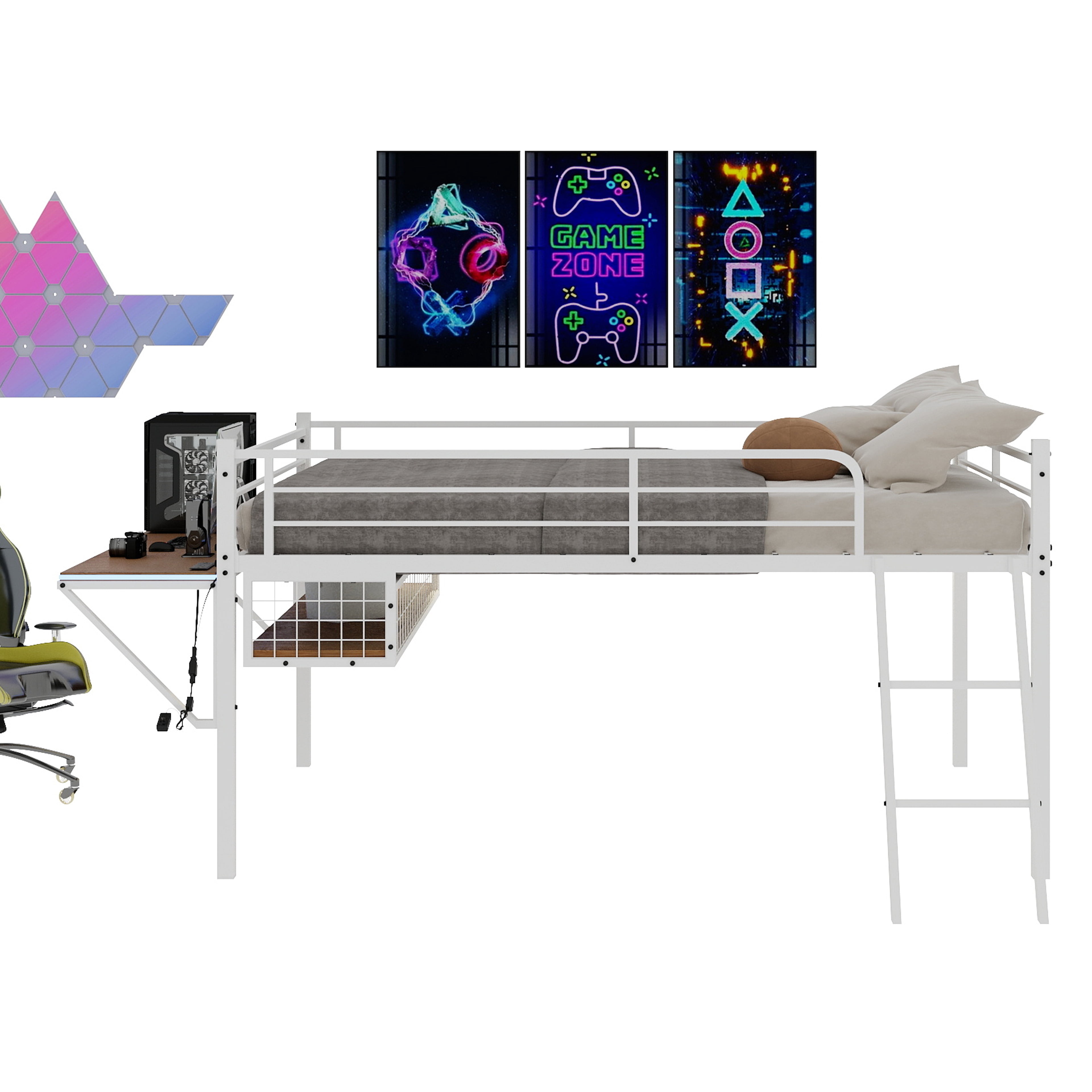 Mintazer Full Size Metal Loft Bed with Desk & LED Light, Loft Bed Frame with Guardrails and Ladder for Kids Teens Bedroom Dorm Apartment, White