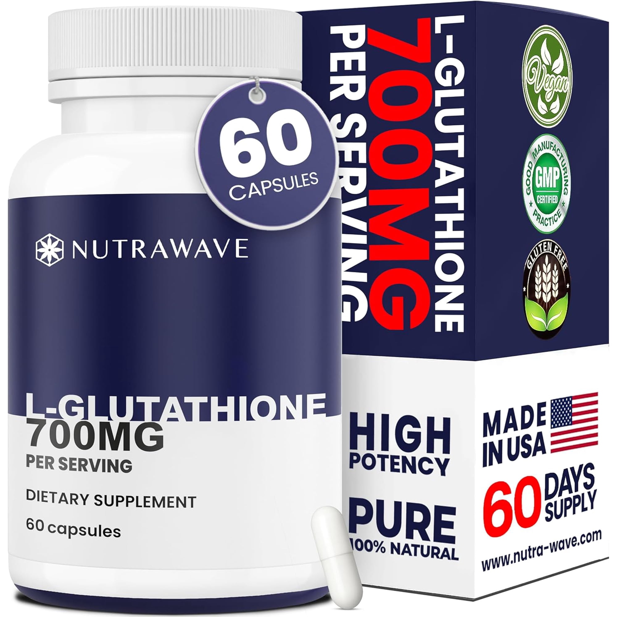 Nutra Wave L-Glutathione 700 mg Capsules, Unflavored, Antioxidant and Detox Support, Skin and Immune Health, Vegan, Non-GMO, 60 Count