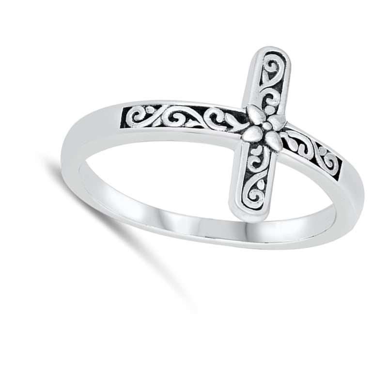 Ornate Sideways Floral Cross Ring .925 Sterling Silver Band 