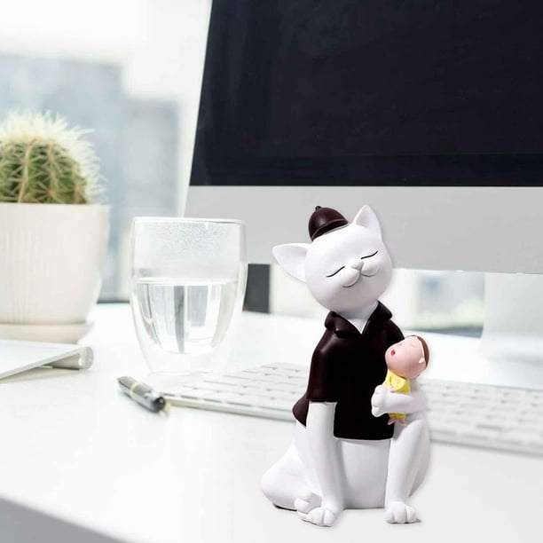 Preciosa estatuilla de gato con bebés, adorno de animales, manualidades artísticas, escultura de de resina para decoración de comedor, sentado perfecl Figurilla de gato