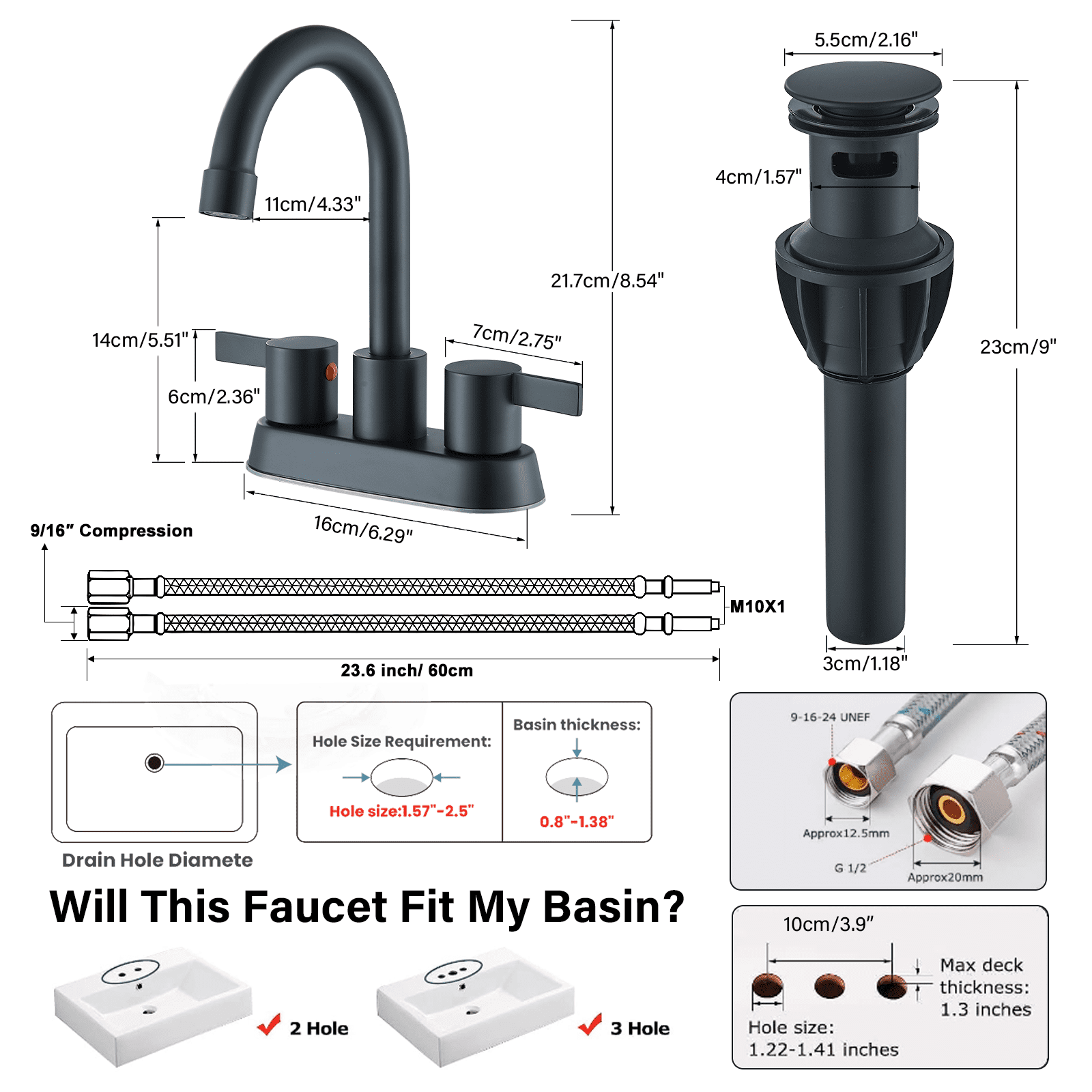 Zovajonia 4 Inch 2 Handle Centerset Matte Black Lead-Free Modern Bathroom Faucet , 360 Swivel Spout 2-3 Hole RV Bathroom Vanity Sink Faucet with Pop Up Drain and Water Supply Lines
