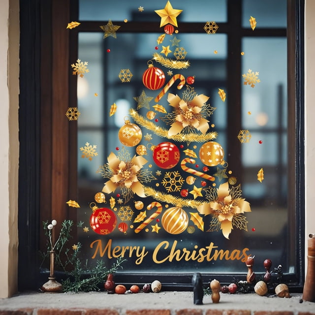 Christmas Window Clings Removable Colorful Christmas Tree Decal For Glass Window 10 in 12 cm PVC Transparent Film
