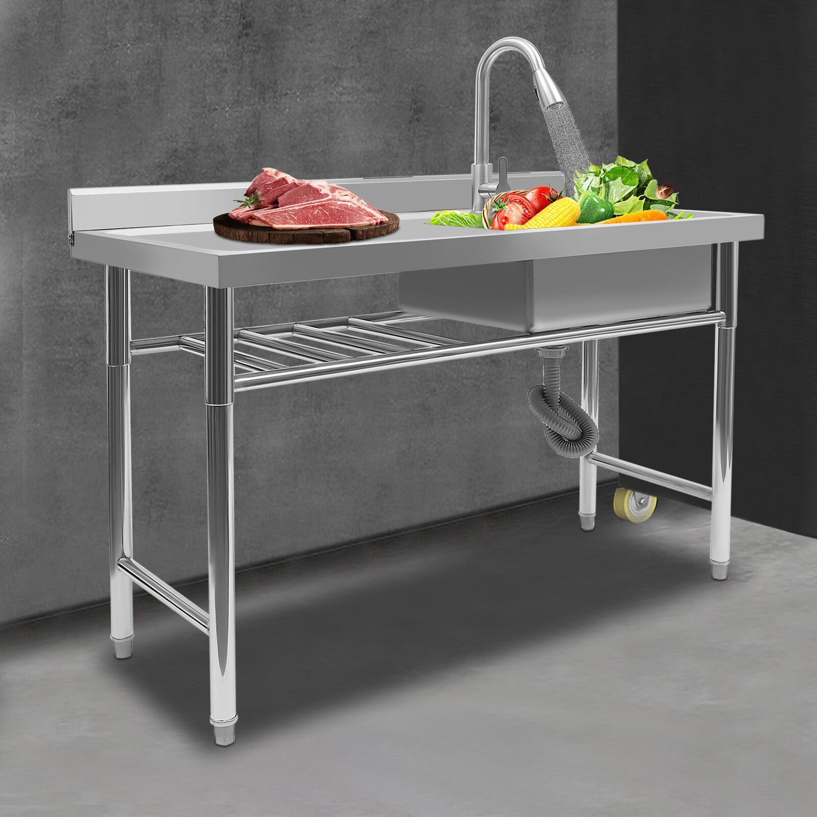 Commercial Sink Stainless Steel Freestanding Kitchen Sink with Prep Table Kitchen Single Bowl Sink with 360°Faucet Drain for Kitchen Bar Cafe, 47 * 23 * 31inch